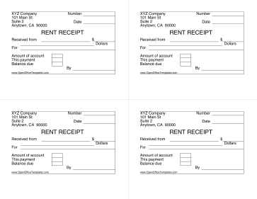 Rent Receipt 4 Per Page - OpenOffice template