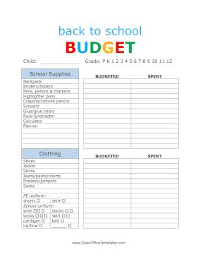 Student School Items Budget OpenOffice Template